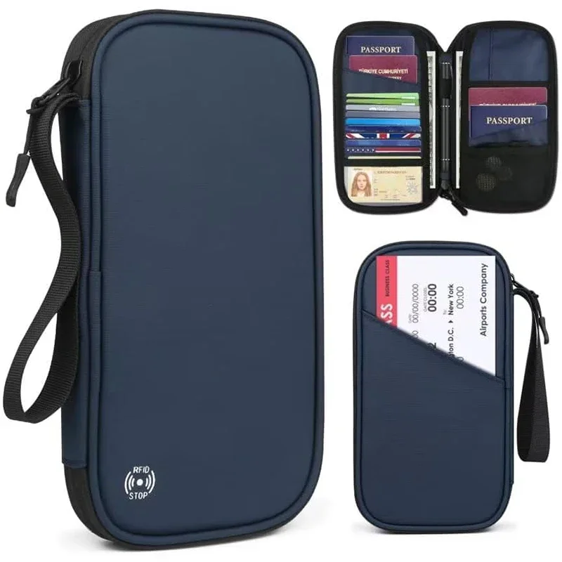 Travel Accessories Wallet - 軽量ファミリートラベルパスポートカバーウォレットジッパー付きオックスフォードドキュメントオーガナイザーバッグ、取り外し可能なリストストラップ付き、女性、男性用