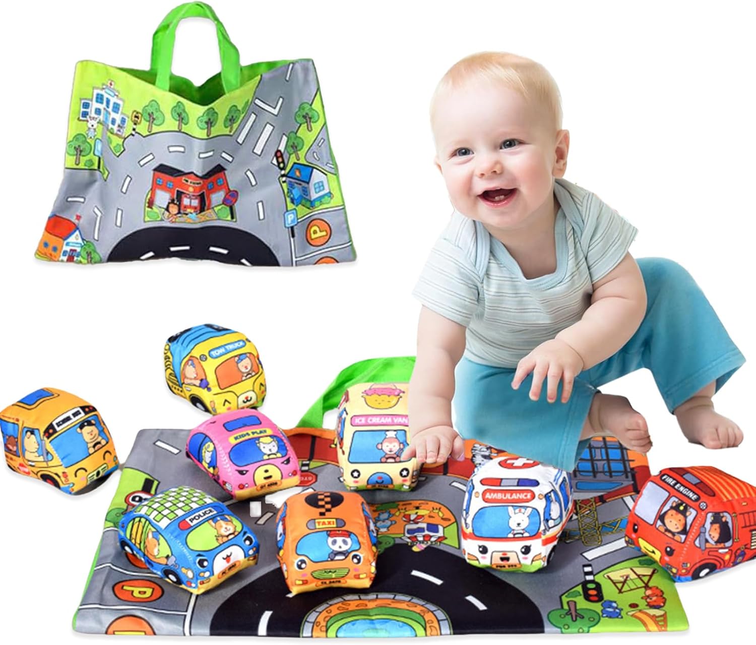 Travel Accessories Baby - 赤ちゃん用の柔らかい生地の車のおもちゃ - 破れにくい布製の本、収納バッグとプレイマット付き、早期学習旅行感覚玩具ギフト