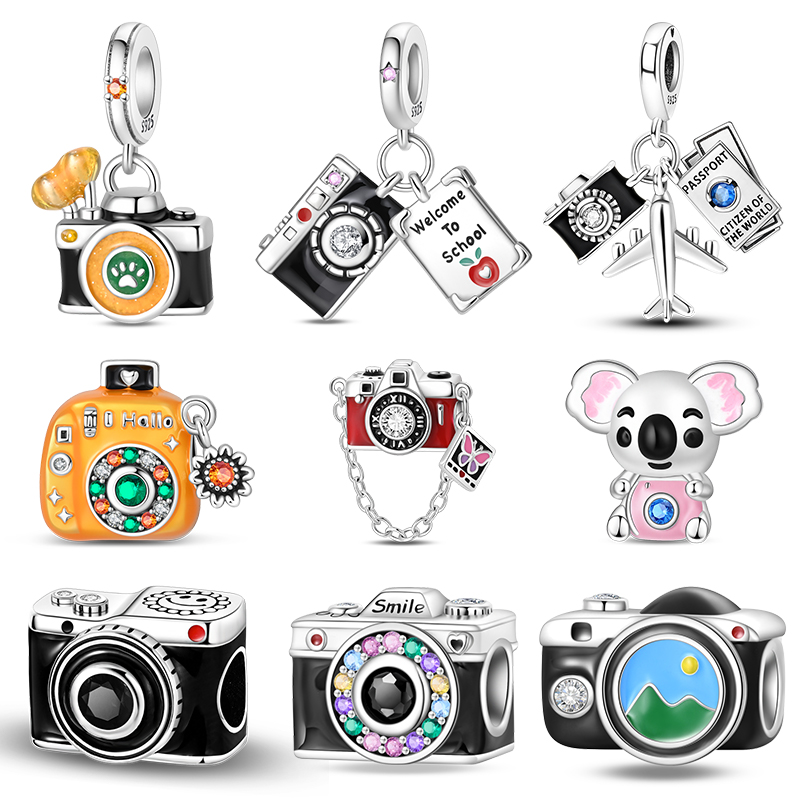 Travel Accessories India - 925スターリングシルバー製ヴィンテージカメラチャーム、CZジルコンビーズ、旅行用飛行機パスポートペンダント、DIYチャームブレスレットアクセサリーギフト
